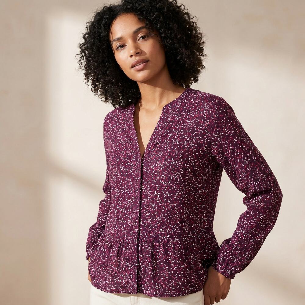 Gap Burgundy Floral Peplum Blouse L Cotton Romantic Whimsigoth Cottagecore Boho